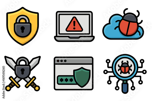 Security icons representing cybersecurity themes for digital protection, cyber threats, malware, password security, network defense, hacker prevention, and data safety vector cartoon illustration