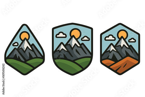 Mountain adventure logo set. Nature landscape emblem collection for hiking and travel. Outdoor peak badge. Vector illustration of sun and hills. Shield, hexagon patch design.