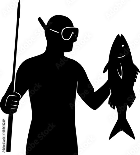 Minimal black and white vector silhouette of a spearfisher holding a caught fish, simple aquatic sports illustration for posters, prints, and graphic design