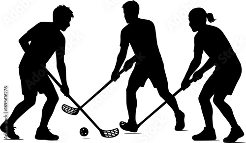 Black silhouette vector of a floorball team passing the ball, minimal design perfect for sports, team play, floorball, and athletic-themed illustrations