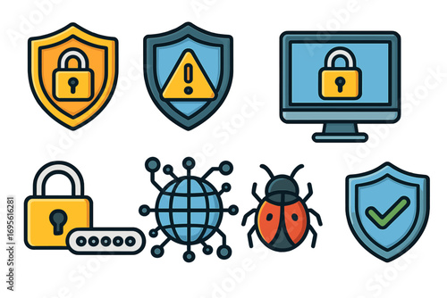 Cybersecurity icons set with shield, padlock, warning alert, computer lock, password, network security, malware bug, and protection checkmark. Digital safety illustration vector.