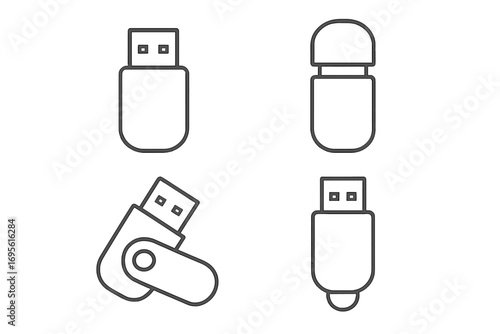USB flash drive line icon set. Minimalist vector graphic of pen drive, memory stick. Portable digital data storage device. Technology outline symbol for computer, web design.