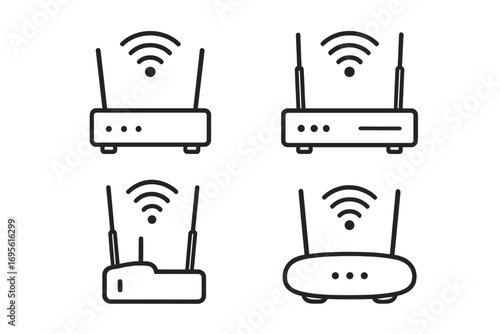 Set of minimalist line art wifi routers. Vector collection of wireless internet devices with signal icons. Modem, network, connection and technology symbols for web and apps.