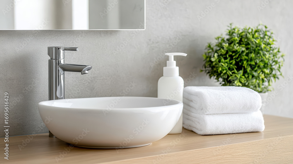 Fototapeta premium Modern bathroom sink with soap dispenser, towels, and plant