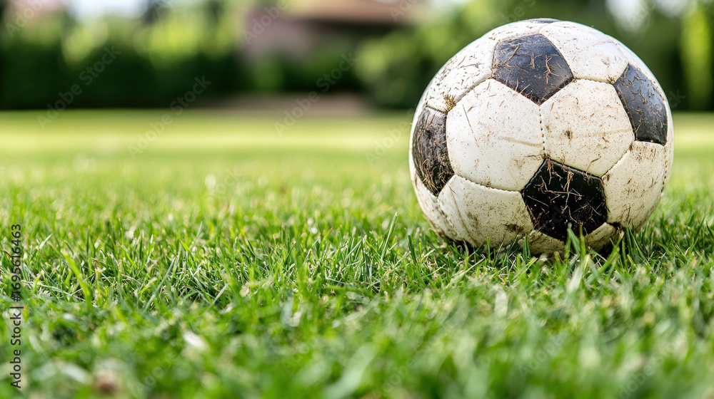 Obraz premium Close up of soccer ball on green grass, showcasing wear and tear, evoking sense of playfulness