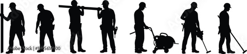 Construction worker silhouettes with tools, builders carrying wood, laborers operating machines, industrial workforce safety, engineering job site illustration, repair concept