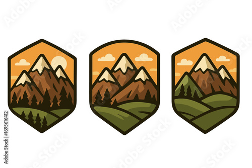 Mountain adventure emblem set. Outdoor travel logo with pine forest, hills, and sun. Vector illustration for hiking patch, nature sticker, or expedition brand identity design.
