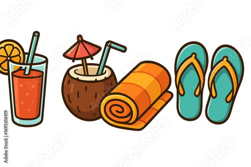 Summer beach essentials collection with tropical drinks, rolled towels, and colorful flip-flops for sunny beach day relaxation, vacation, and tropical getaway set vector illustration