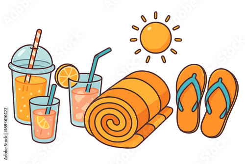 Summer beach essentials with refreshing drinks, rolled towel, flip-flops, and bright sun for a perfect sunny day vector cartoon illustration set with transparent background