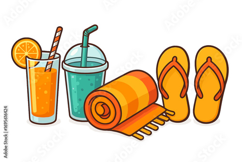 Summer beach essentials collection with refreshing drinks, rolled beach towel, and bright flip-flops, perfect sunny day accessories, vibrant vector cartoon illustration