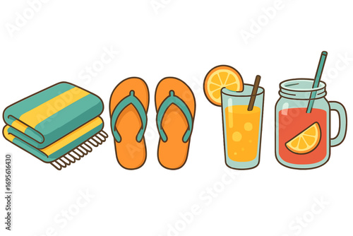 Summer beach essentials include colorful striped towels, bright orange flip flops, refreshing citrus drinks in glass and mason jar with straws, relaxing seaside vibe, vector cartoon illustration