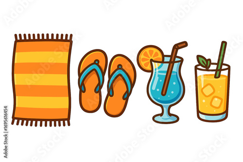 Summer beach essentials with colorful towel, flip flops, refreshing tropical drinks, relaxation by the ocean, vector cartoon illustration, vacation and leisure concept