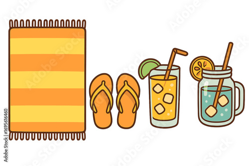 Summer beach essentials with striped towel, orange flip flops, refreshing tropical drinks with ice cubes and citrus slices for ocean relaxation, vector cartoon illustration
