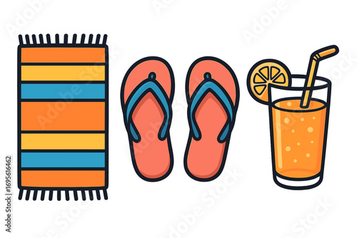 Summer beach essentials vector illustration with colorful striped towel, coral flip flops, and refreshing orange drink with lemon slice, tropical vacation accessories for relaxation