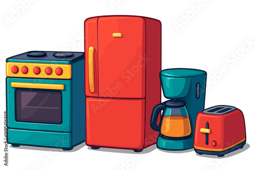 Modern kitchen appliances vector set. Colorful cartoon illustration of home equipment. Refrigerator, stove, coffee maker, toaster. Household cooking flat design clipart.