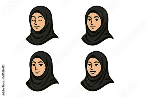Muslim woman in hijab logo set. Vector cartoon illustration of a beautiful girl's head. Islamic fashion icon. Arabic beauty character avatar. Modern modest clothes design.