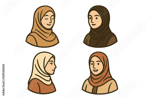 Set of Muslim women in hijab vector logo icons. Cartoon portraits for modest fashion brand. Islamic female character head avatar collection. Modern minimalist people illustration.
