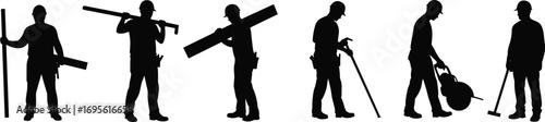 Construction worker silhouettes with tools, industrial laborers working, carpenter and builder poses, construction site vector illustration, engineering workforce concept