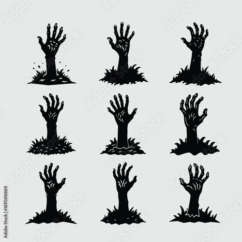 Horror zombie hand rising from ground silhouette, perfect for Halloween t-shirts, posters, invitations, and scary decoration projects.