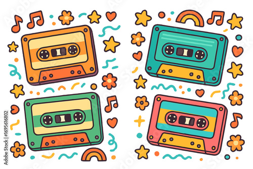 Retro cassette tapes colorful doodle set. Vector cartoon illustration of 80s and 90s music audio tapes. Vintage pop culture nostalgia concept. Cute playful sticker pack design.