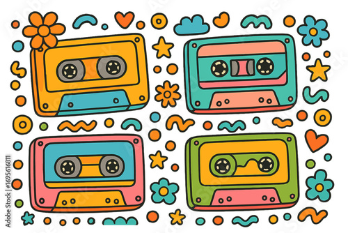 Retro cassette tapes groovy 70s sticker pack. Cartoon doodle audio cassettes with flowers, hearts, and stars. Nostalgic 90s music and funky pop culture vibes vector set.