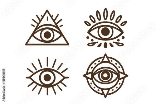 Abstract bohemian mystic eye logo set with geometric shapes, boho spiritual symbols, triangle and circle elements, occult vector cartoon illustration, transparent background