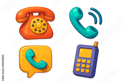 Communication icons set. Colorful 3D retro phones. Vector cartoon illustration of old rotary telephone, vintage mobile, handset in speech bubble. Glossy plastic style.