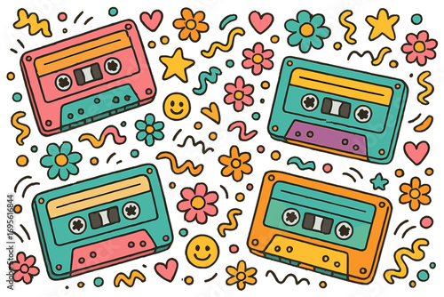 Retro cassette tapes seamless pattern. Groovy 90s nostalgia background. Vintage audio music concept. Hand drawn doodle cartoon vector illustration with flowers and smileys.