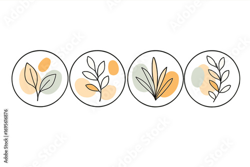 Abstract astrology vector line art set with minimalist botanical leaves, social media highlight icons, cartoon style, transparent background, modern natural elements collection