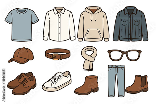Variety of casual clothing and accessories collection with stylish shirts, jackets, shoes, belt, scarf, cap, jeans, and glasses in minimalistic cartoon vector illustration