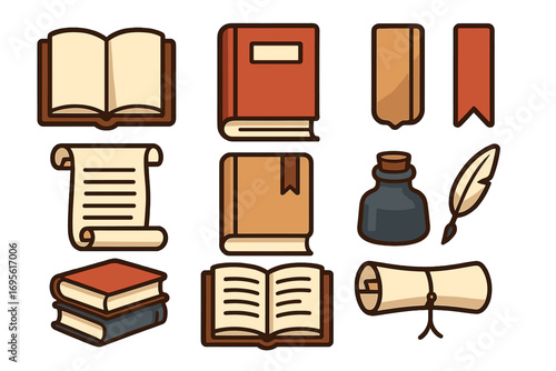 Various icons of books, scrolls, ink bottles, and bookmarks representing literature, study materials, education themes, reading, writing tools, and knowledge concepts in cartoon vector style