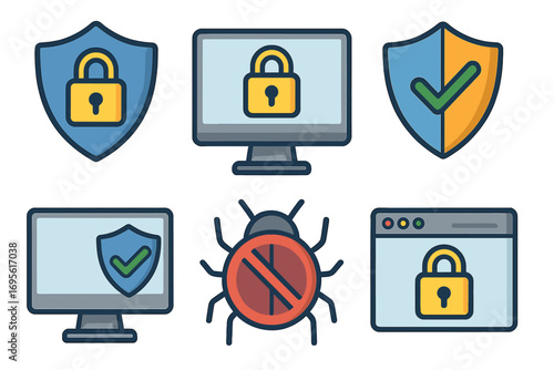 Various Security Icons Representing Online Safety and Malware Protection with Locks, Shields, Check Marks, and Bug Prevention in Modern Vector Cartoon Style Transparent Background