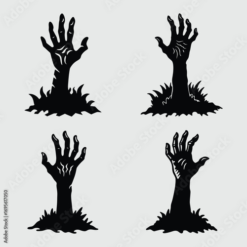 Zombie hand rising from ground silhouette vector, creepy horror design perfect for Halloween posters, t-shirts, party invitations, and spooky seasonal decorations.