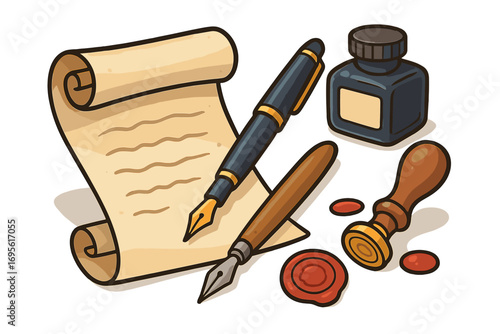 Vintage writing tools set. Parchment scroll with manuscript, fountain pen, ink bottle, and wax seal stamp. Retro calligraphy and correspondence vector cartoon illustration.