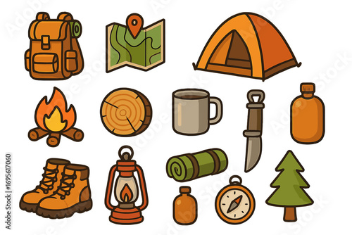Camping essentials icons set for outdoor adventures hiking backpacking exploring nature campfire tent boots lantern map compass knife water bottle and sleeping mat vector cartoon illustration
