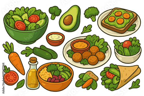 Healthy food illustrations with vibrant plant-based ingredients and dishes, including avocado, salad, falafel, fresh vegetables, wraps, and toast for health-conscious lifestyle, vector cartoon