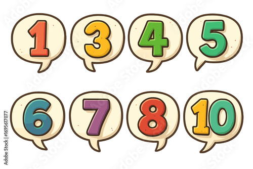 Colorful cartoon numbers in comic speech bubbles. Vector set of digits for kids learning to count, educational material, fun infographic steps or decorative design elements.