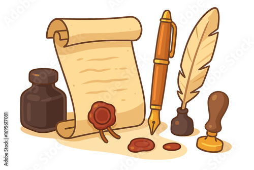 Vintage writing set. Parchment scroll with wax seal, fountain pen, quill, inkpot. Old manuscript, document, contract concept. Retro calligraphy, literature, history, notary vector.