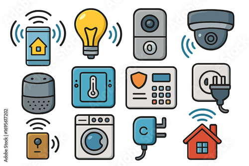 Smart home icons set illustrating various connected devices for home automation, wireless control, security system, smart lighting, thermostat, camera, and appliances vector cartoon illustration