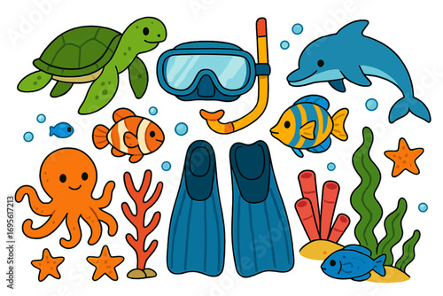 Underwater adventure set. Marine life and snorkeling gear cartoon collection. Cute sea animals: turtle, dolphin, octopus, clownfish. Vector illustration for summer vacation.