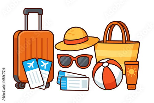 Summer vacation essentials for a beach getaway. Travel items concept with luggage, airline tickets, sun hat, sunglasses, and sunscreen for a holiday journey. Vector cartoon.