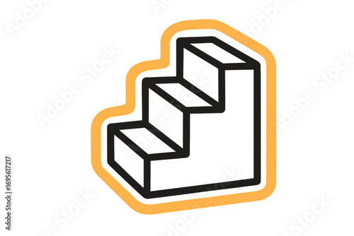Abstract stair step icon with bold outline, cartoon vector illustration, isolated transparent background, geometric block, simple 3D steps, modern design, minimal style