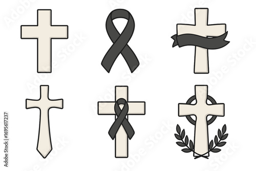 Cross set for death funeral. Mourning ribbon icon collection. Christian grave memorial symbol. Vector gravestone illustration. RIP Rest in peace condolence sign. Celtic cross.