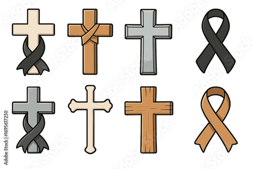 Variety of Christian cross & mourning ribbon designs. Vector icon set for memorial, funeral, death, RIP. Religious symbols for gravestones, cemetery, condolences, faith.