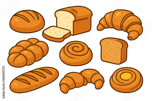 Bakery food set vector illustration. Fresh baked bread and pastry collection. Cartoon icons of croissant, loaf, toast, baguette, and cinnamon roll isolated on white background.
