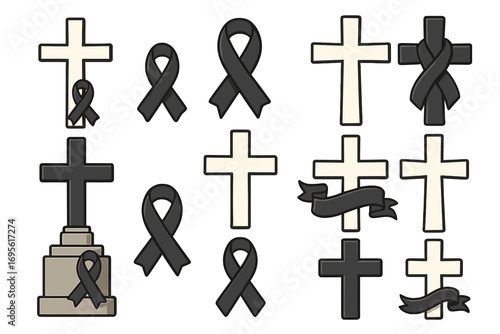 Funeral and memorial vector icon set. Christian cross, black mourning ribbon. Death, grief, and remembrance symbols. RIP gravestone. Obituary element. Condolence cartoon.