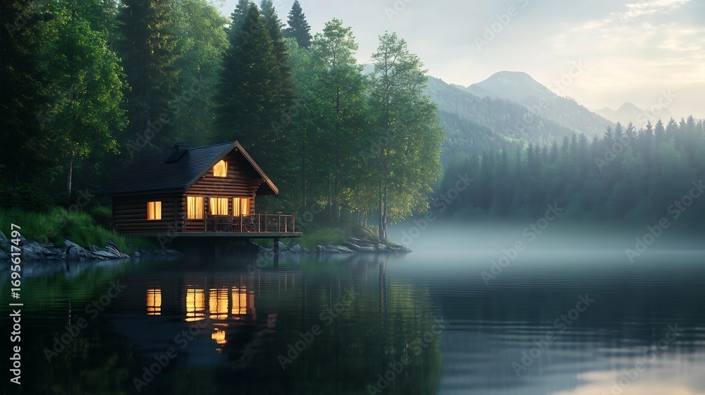 Fototapeta premium Serene Lakeside Log Cabin: Tranquil Evening Landscape
