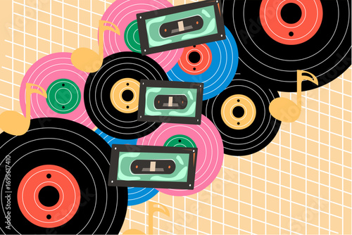 Retro background abstract casette vinyl and tape deck. Icon of vintage electronic player music. Vector illustration.