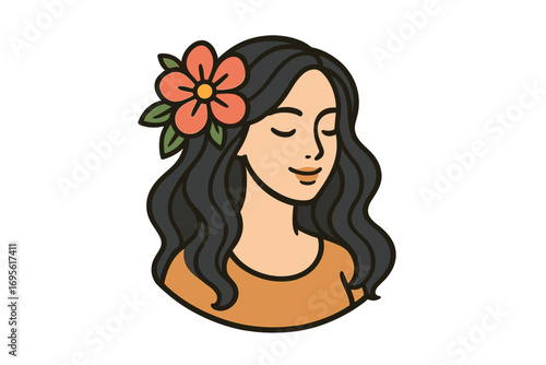 Beautiful woman with long wavy hair and flower in hair, smiling female face illustration, peaceful calm expression, floral hairstyle portrait vector, cartoon beauty with nature elements design