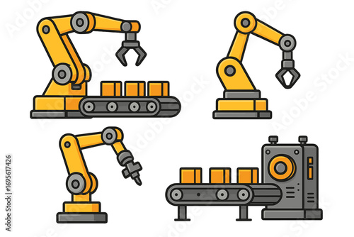 Set of industrial automation icons. Robotic arms, conveyor belts, and machinery for manufacturing and assembly line processes. Vector illustration for factory technology concept.